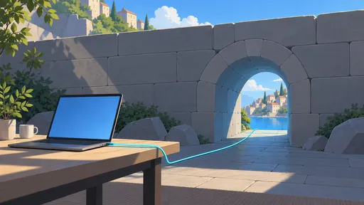 A blue cable connects a laptop to the outside through a passage in a stone wall