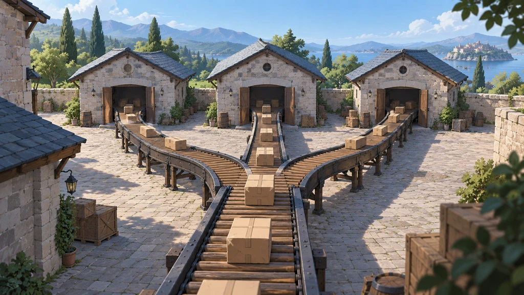 A parcel conveyor splits into three tracks leading to separate loading doors in a stone courtyard