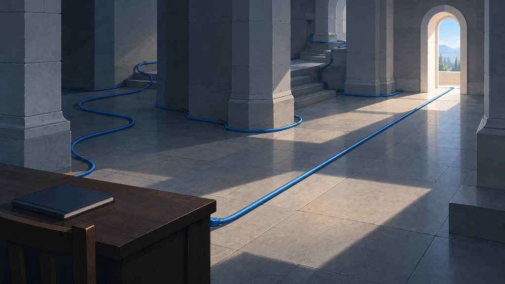 Blue cables take winding and direct routes from a wooden desk through a stone hall to a sunlit doorway.
