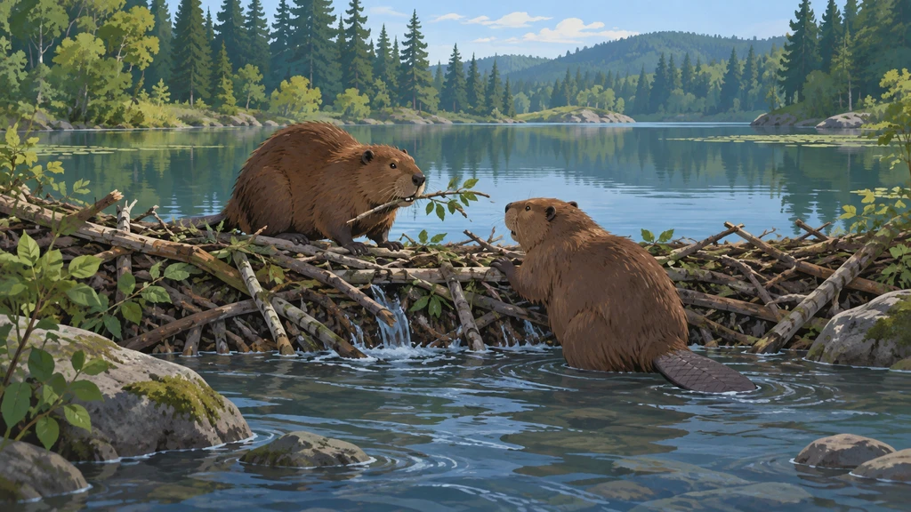 Two beavers working at a branch dam, with a woodland pond behind them and a stream flowing below