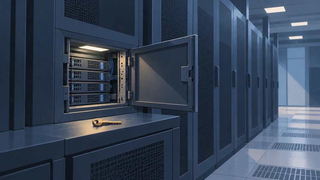 An open maintenance hatch in a blue-gray server cabinet, with a brass key resting on the ledge below.