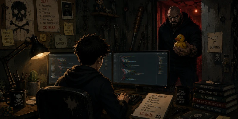 A developer at a dim cluttered desk looking at code, a hulking hooded figure in a red-lit doorway holding a rubber duck and a note saying KEEP IT BORING