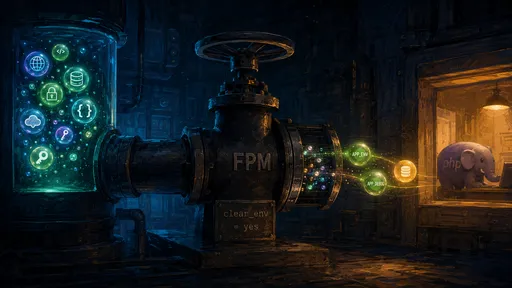 Stylised industrial valve labelled FPM with a glass cylinder of env-variable icons flowing in and APP_ENV bubbles flowing out toward a PHP elephant