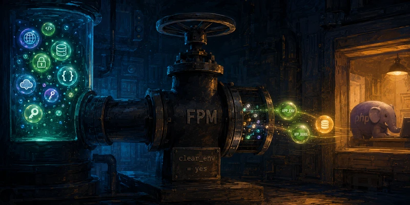 Stylised industrial valve labelled FPM with a glass cylinder of env-variable icons flowing in and APP_ENV bubbles flowing out toward a PHP elephant
