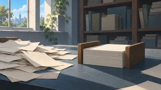 Loose sheets lie beside a neatly aligned stack between wooden guides on a blue-gray table in a sunlit archive.