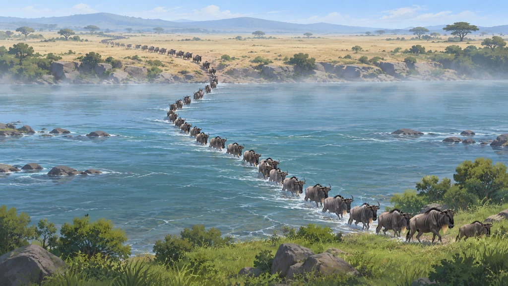 A long column of wildebeest fording a blue-green river from a dry bank toward a green one