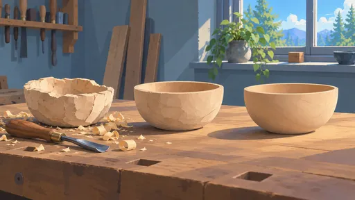 Three wooden bowls on a workshop bench, progressing from a rough unfinished shape to a smooth, even form.