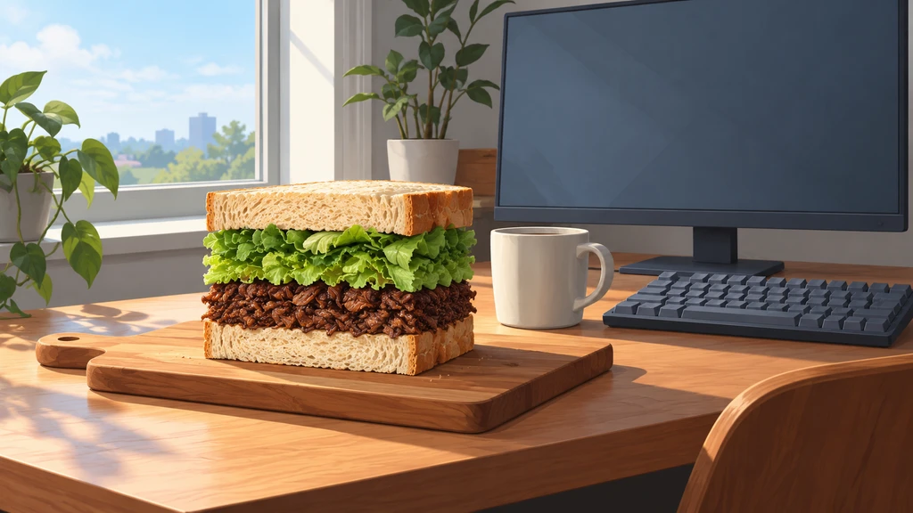 A tall three-layer sandwich on a cutting board at a sunlit desk, beside a mug, a blank monitor and a keyboard.