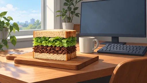 A tall three-layer sandwich on a cutting board at a sunlit desk, beside a mug, a blank monitor and a keyboard.