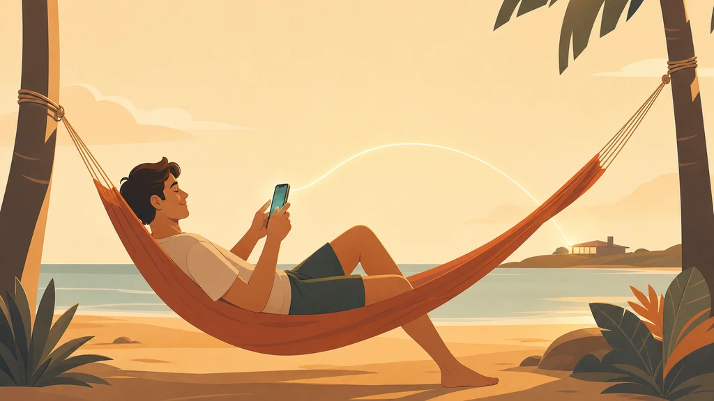 Illustration of a relaxed person coding from a beach hammock through a secure phone connection.