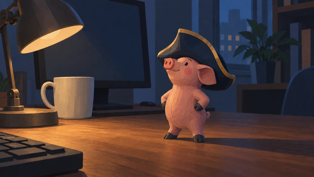 A carved wooden piglet in an oversized tricorn pirate hat stands on a desk in the glow of a lamp at night