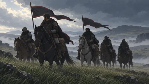 Five cloaked riders cross a windswept moor beneath black banners and a stormy sky.