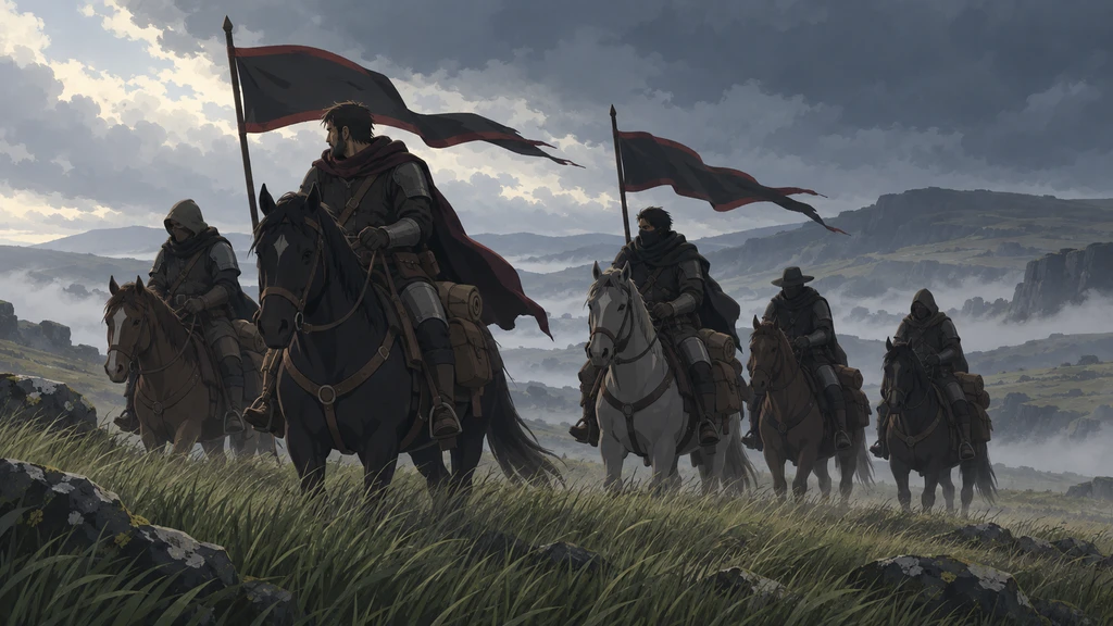 Five cloaked riders cross a windswept moor beneath black banners and a stormy sky.