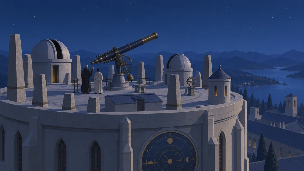 Two robed scholars beside a telescope, surrounded by standing stones and domes atop a monastery clock tower under a starry sky.