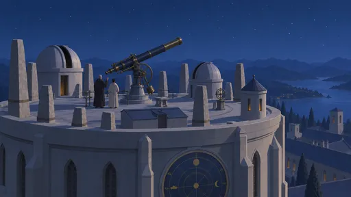 Two robed scholars beside a telescope, surrounded by standing stones and domes atop a monastery clock tower under a starry sky.