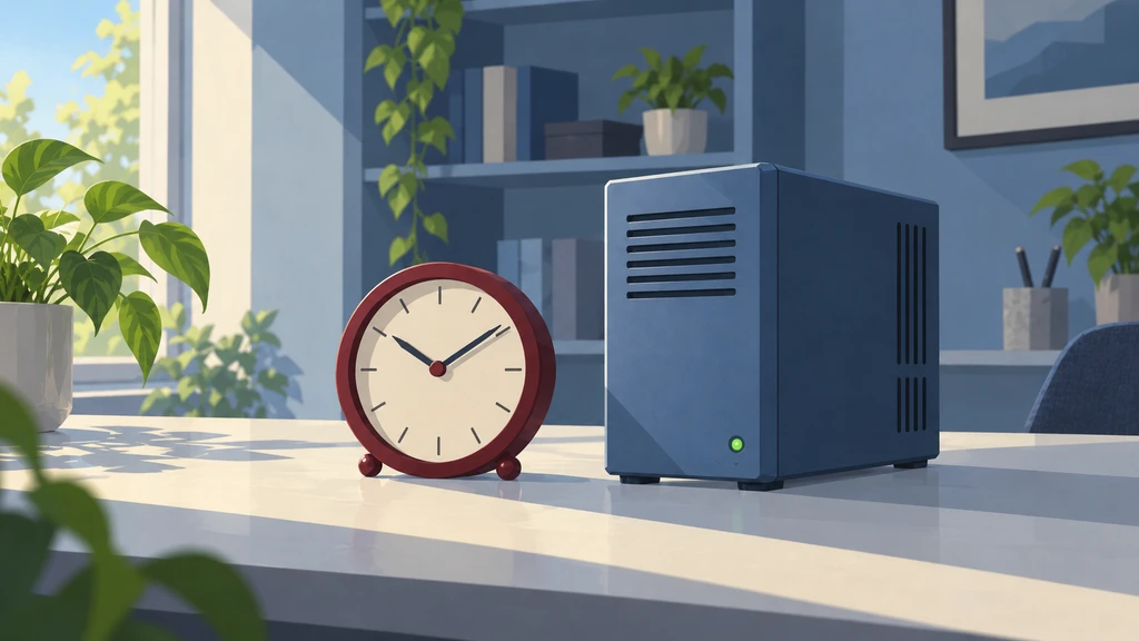 A burgundy desk clock beside a blue home server in a sunlit office
