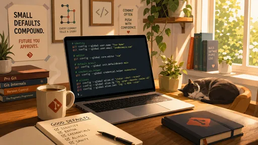 A laptop on a sunlit desk showing git config commands for identity, editor, branch, credentials, and aliases, with books, coffee, a notebook, and a sleeping cat