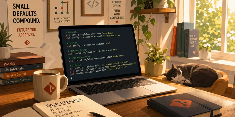 A laptop on a sunlit desk showing git config commands for identity, editor, branch, credentials, and aliases, with books, coffee, a notebook, and a sleeping cat