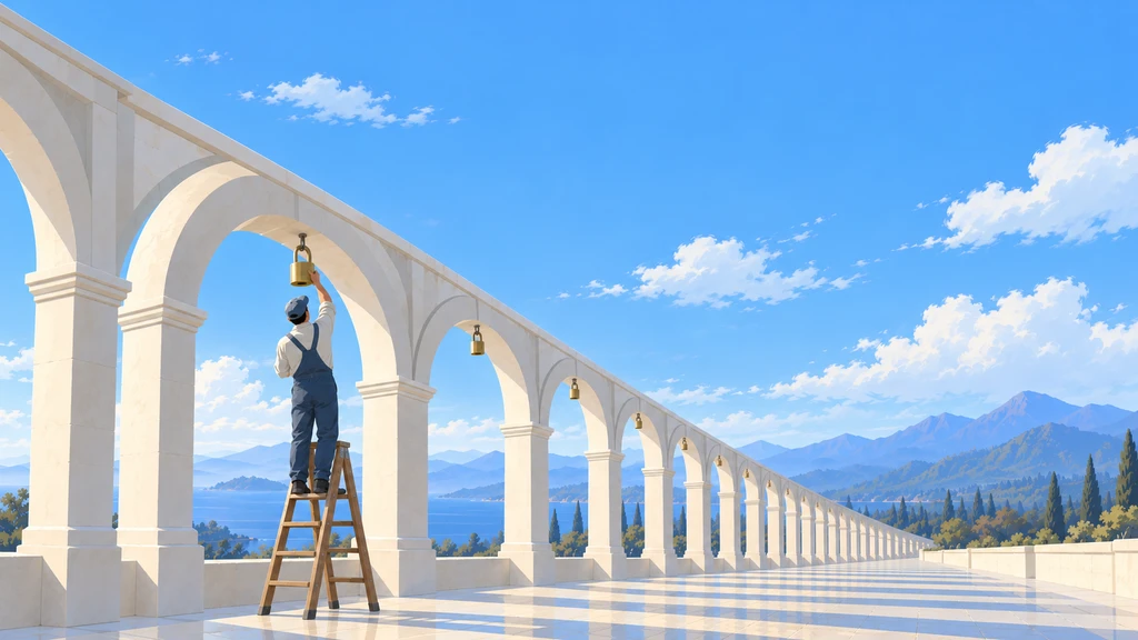 A worker on a wooden ladder fastening a brass padlock to a pale stone arcade, with more locks along the arches.