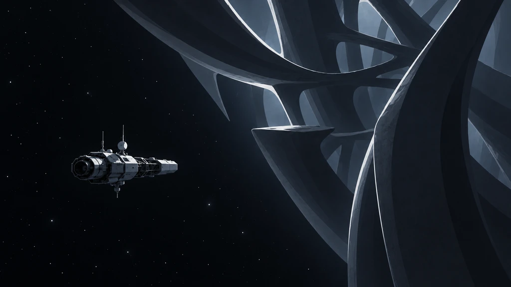 A small research spacecraft approaches a vast dark alien structure edged with cold white light.