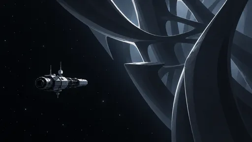 A small research spacecraft approaches a vast dark alien structure edged with cold white light.