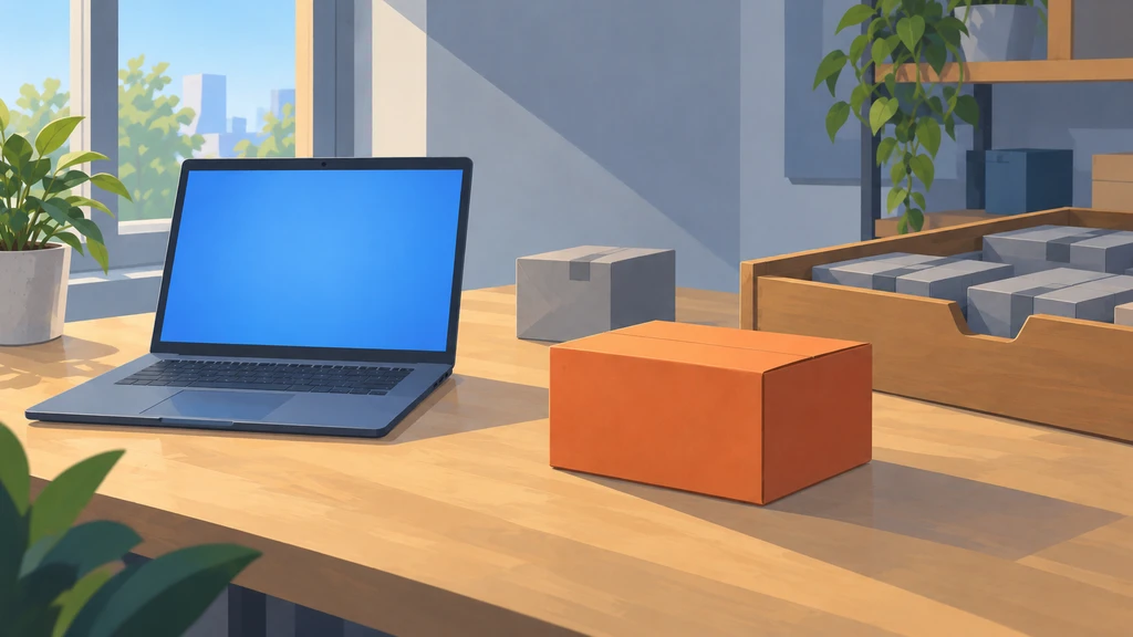 A laptop with a blank blue screen beside an orange package and a wooden drawer filled with grey parcels in a sunlit workspace