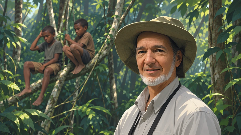 Illustration of Jared Diamond in a forest, with two people sitting on a branch behind him