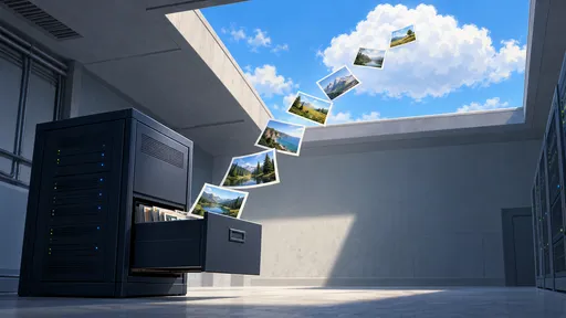 Landscape photographs rise from an open server archive drawer toward a white cloud through a ceiling hatch.