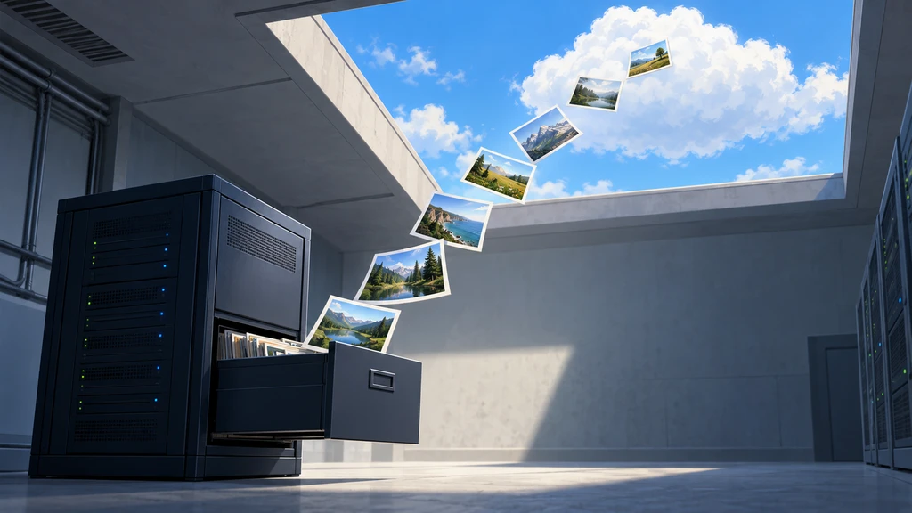 Landscape photographs rise from an open server archive drawer toward a white cloud through a ceiling hatch.