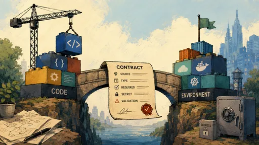 A stone bridge of a contract scroll listing source, type, required, secret, validation, linking code blocks to environment blocks, with a secrets safe nearby