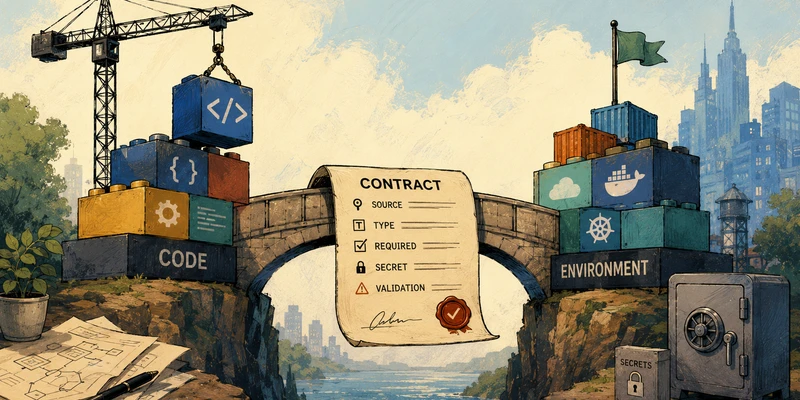 A stone bridge of a contract scroll listing source, type, required, secret, validation, linking code blocks to environment blocks, with a secrets safe nearby