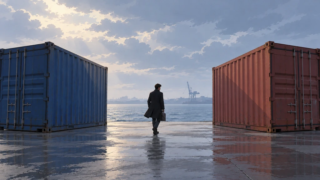 A figure with a briefcase walking between two shipping containers on a wet harbor quay