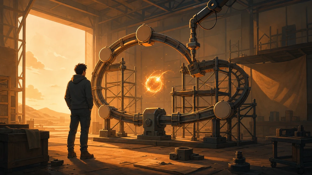 A person stands in a warm workshop facing a machine that holds a glowing spark.