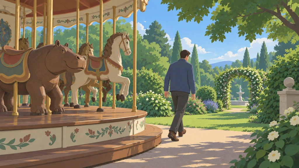 A man walks away from a carousel with carved wooden animals toward a green garden path