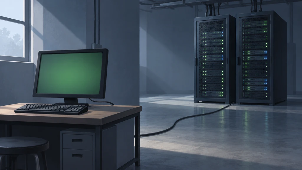 A simple computer with a green screen on a workbench, connected by a cable to two server racks in a cool gray room