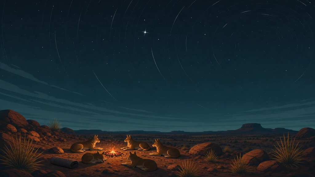 Five dingoes resting around a small campfire under a vast star-trail sky in the Australian bush