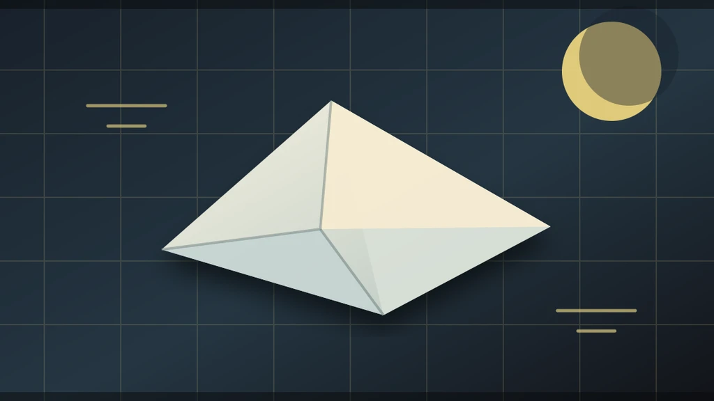 A folded paper shape floating over a geometry grid under a crescent moon