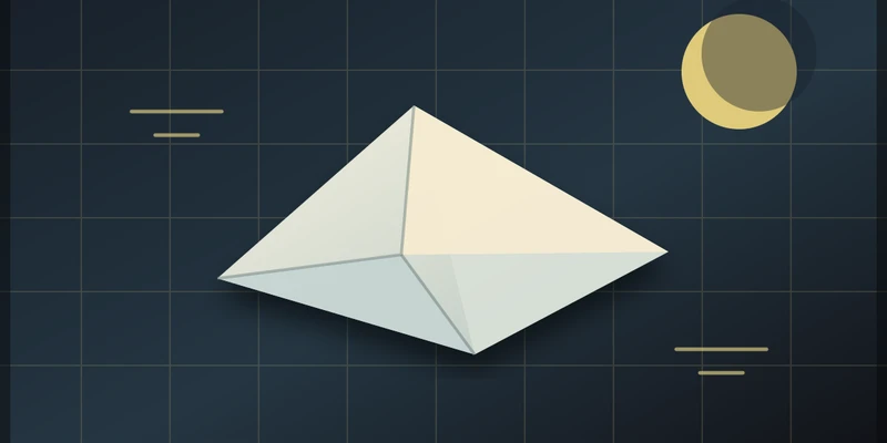 A folded paper shape floating over a geometry grid under a crescent moon