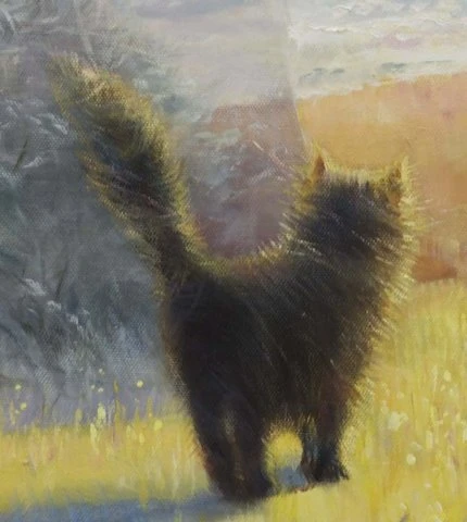Painting of a black cat standing in a field with its tail raised
