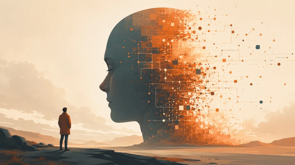 A lone figure facing a vast human head that dissolves into circuitry and drifting particles — cover art for Snow Crash.