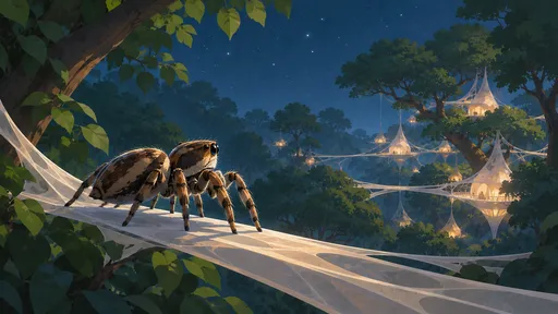 A jumping spider on a silk walkway overlooking a city of web dwellings among trees under a starry sky.
