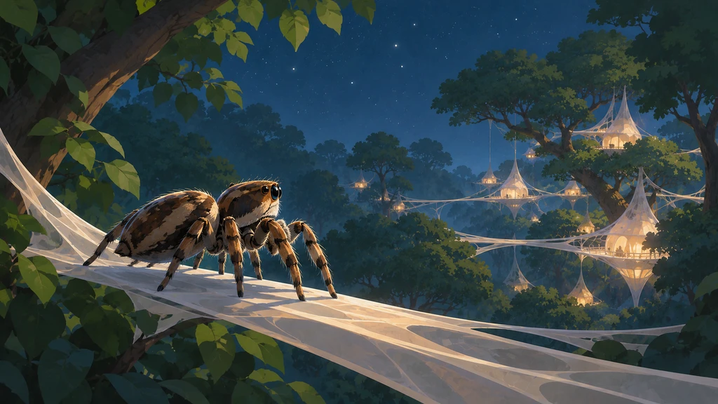 A jumping spider on a silk walkway overlooking a city of web dwellings among trees under a starry sky.