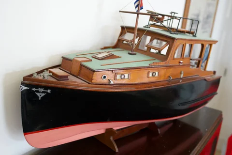 A wooden model of Hemingway’s boat Pilar at Hotel Ambos Mundos, seen from the bow