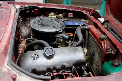 Under the bonnet of the red Moskvich, opened for me by its proud owner