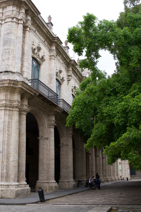Calle Tacón, Havana’s wooden-paved street, beside a stone colonnade and a broad leafy tree