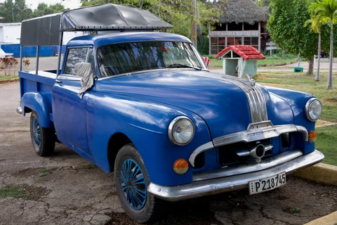 A blue vintage pickup with a covered rear bed parked beside tropical plants and a thatched building