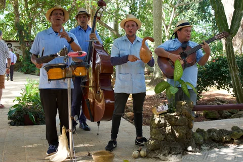Four musicians in blue shirts and straw hats playing percussion, double bass and guitar under trees