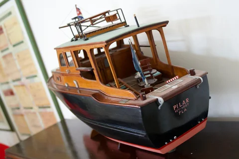 The stern of the Pilar model at Hotel Ambos Mundos, with its name and Key West lettering