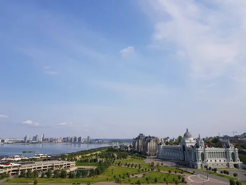 The Palace of Farmers beside landscaped gardens and the Kazanka River, viewed from the Kremlin.