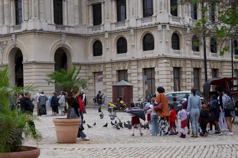 Children and adults watching pigeons in a cobbled Havana square
